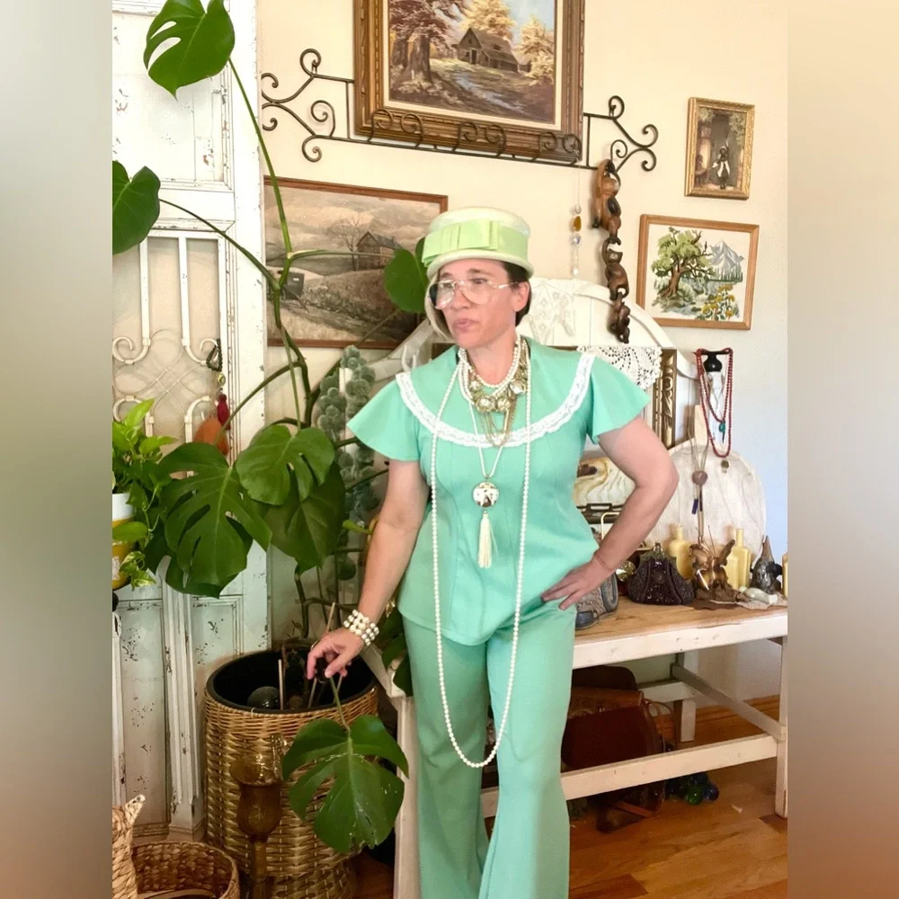 Vintage 1970’s Pant Suit Mint White Lace Set Mid Mod Retro